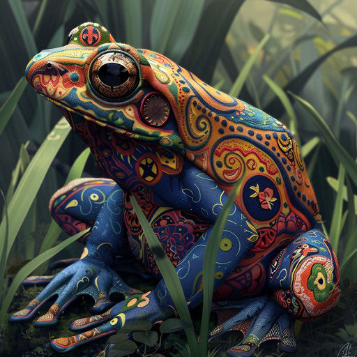 Painted frog bridging traditional art and nature