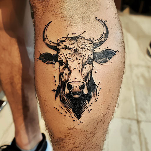 Rustic cow tattoo with woodcut design in black tones