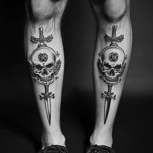 Men's knee tattoos with traditional skull and dagger motif