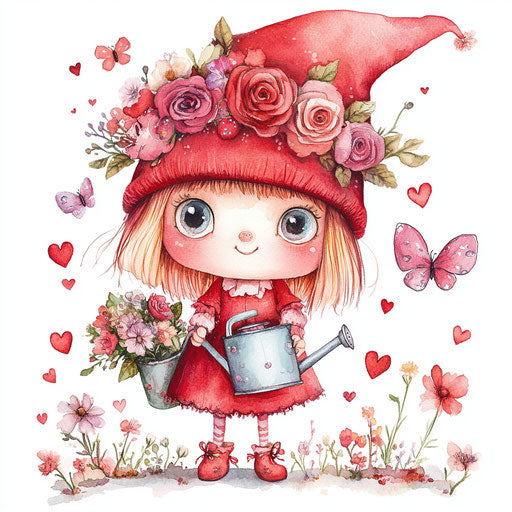 Pink gnome girl with watering can full of flowers