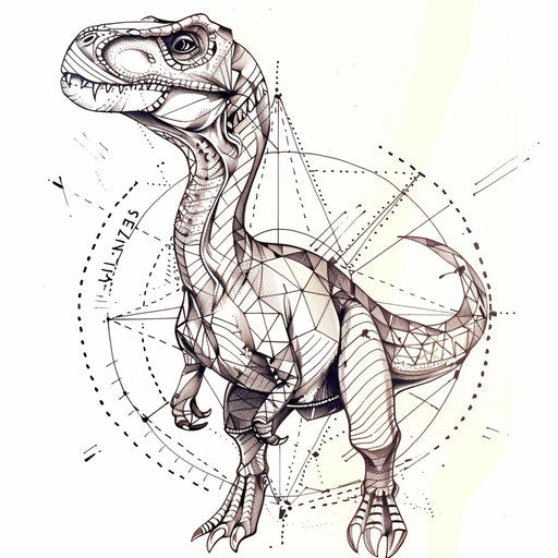 Hand-drawn tattoo design of a dinosaur with geometric patterns