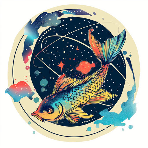 Pisces constellation with cartoon fish and bright colors