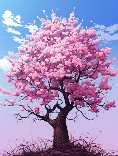 Cherry blossom tree in bloom against blue sky, light magenta and dark bronze style