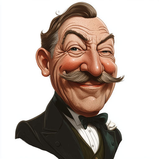 Humorous caricature of an Arthur Conan Doyle clipart with human characteristics, exaggerated large nose, finger hands, backlit, vibrant colors, cartoon style, smiling, high resolution, no background, isolated