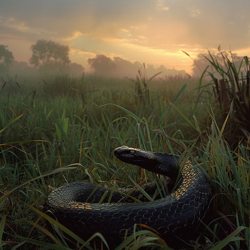 Black mamba snake in a lush grassland at dawn