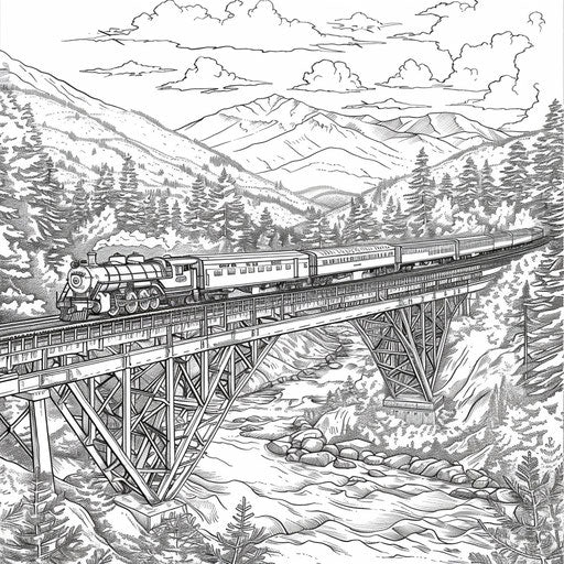 Train bridge over scenic river. Coloring page