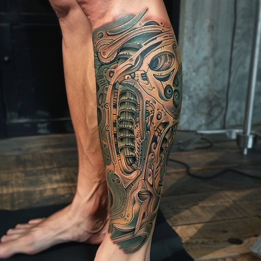 Biomechanical leg tattoo in the style of Guy Aitchison