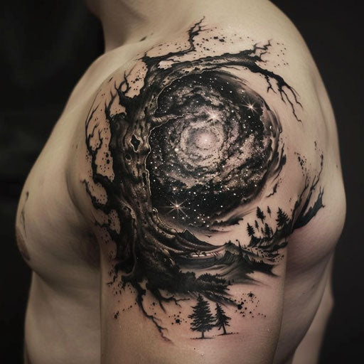 Meaningful tattoos for men with a galaxy and stars on the shoulder