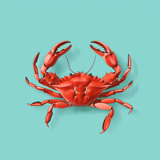 Realistic crab clipart on plain turquoise background, bold outlines and matte finish