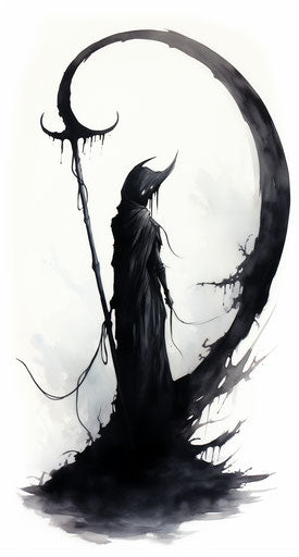Gray white black silhouette and scythe, mystical portrait