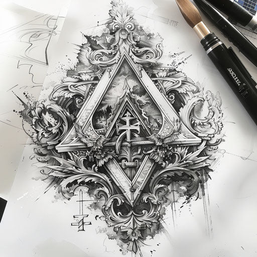 Gothic black and grey tattoo sketch of a Valknut with baroque architectural elements