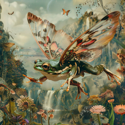 Winged frog leaping through fantastical landscape