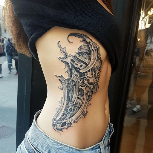 Women's rib tattoos: biomechanical floral design