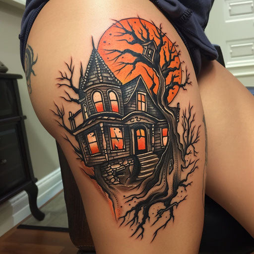 Hip tattoo of a haunted house
