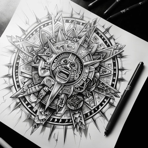 Chicano art Aztec calendar tattoo sketch, detailed and symmetrical