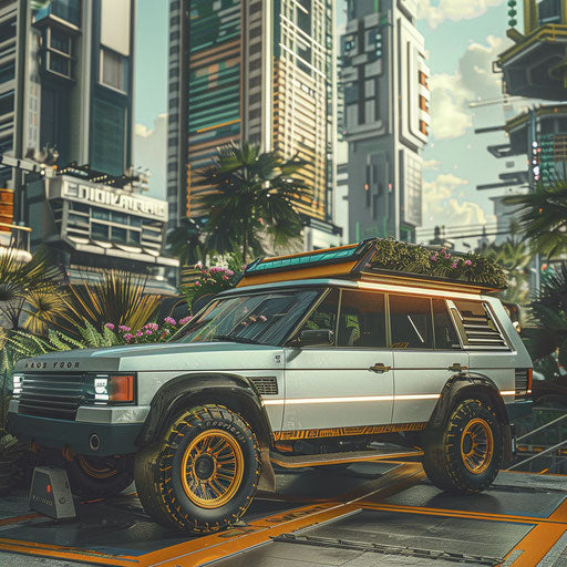 Eco-friendly 1995 Range Rover conversion with electric drivetrain and solar panels parked in a futuristic city