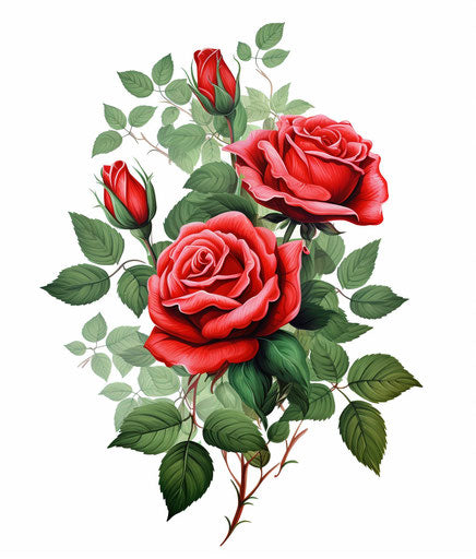 Bouquet of red roses on green leaves, classic tattoo style