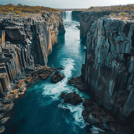 Victoria Falls with bright blue waters and dynamic cliffs