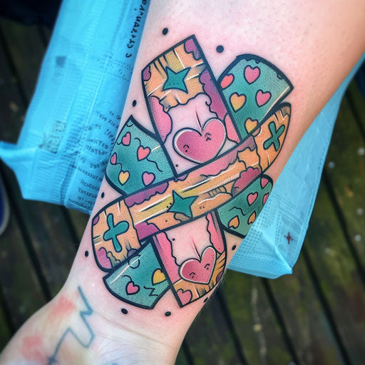 Bandage with pink hearts and green crosses