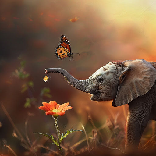 A touching moment between an elephant and a butterfly on a flower
