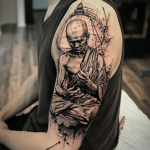Spiritual tattoos of a Buddhist monk in meditation on the upper arm