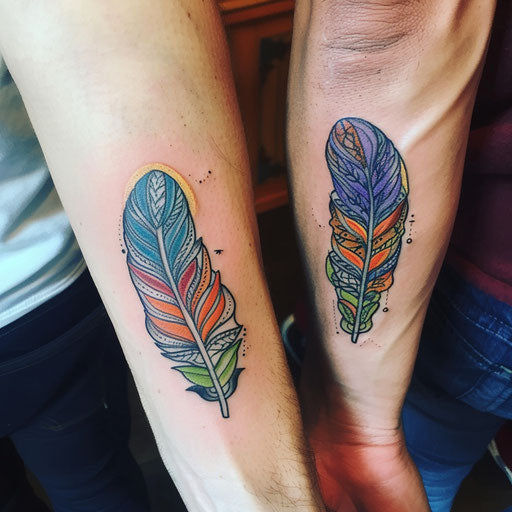 Matching tattoos for friends of a feather, Guy Aitchison style