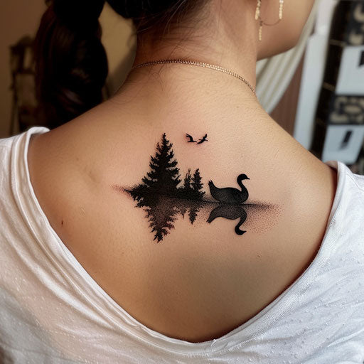 Minimalist goose silhouette on a tranquil lake