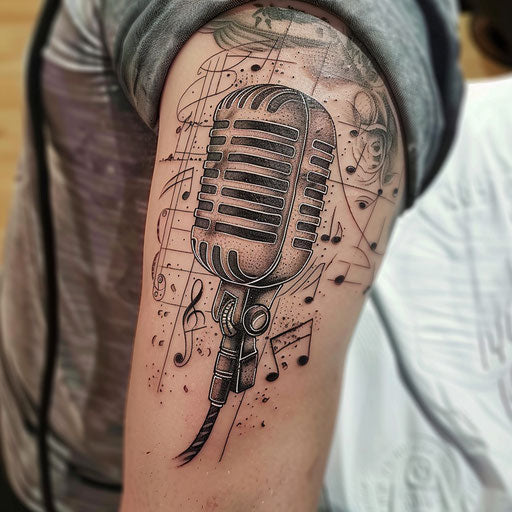 Vintage microphone with musical notes in elegant gangster tattoo