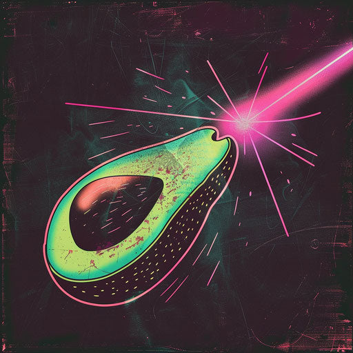 Flat tattoo sketch of a neon avocado with laser beams