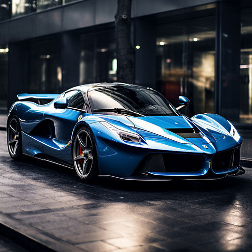 The classic bright blue Ferrari