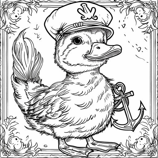 Whimsical duck in sailor hat with anchor. Coloring page
