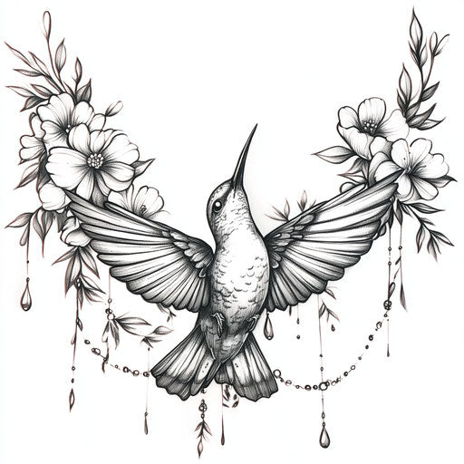 Women's sternum tattoo, hummingbird and floral elements