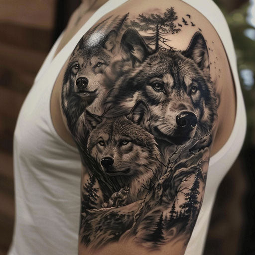 Realistic shoulder tattoos for men with animals in black and gray