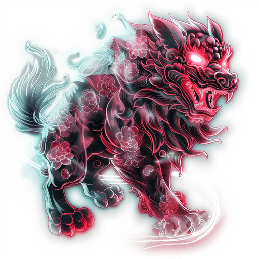 Glowing foo dog tattoo on pure white background