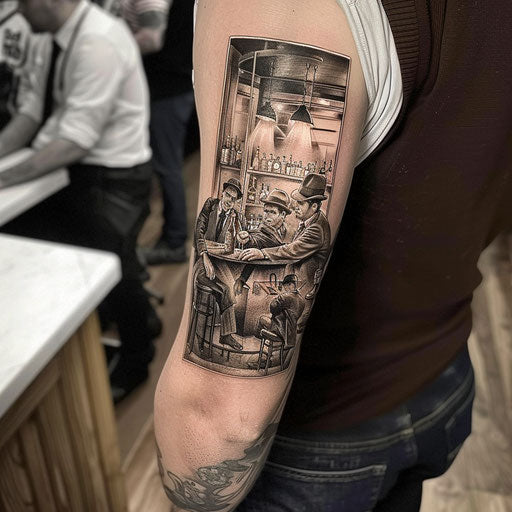 Retro gangster tattoo of a speakeasy bar scene, sepia on white canvas