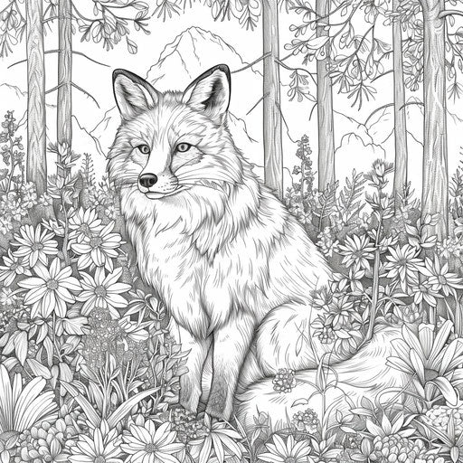 Fox in a magical forest, Mindy Sommers style, coloring book page