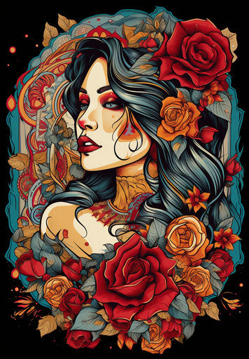 Byzantine-inspired tattoo of a woman with flowers and roses