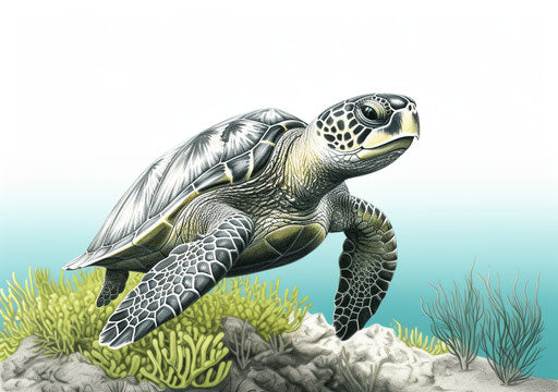 Green sea turtle drawn in pencil, intricate black and white illustrations style