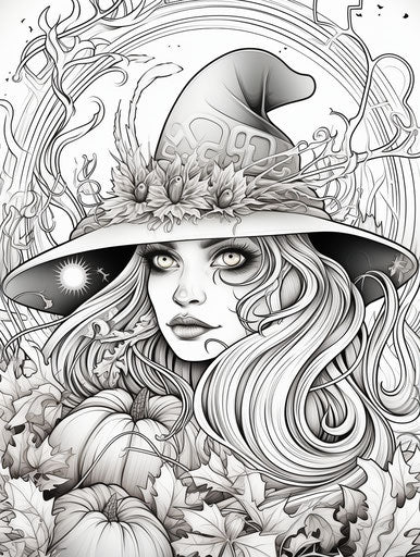Printable Halloween coloring pages, in the style of Marguerite Blasingame, witchcore 3:4