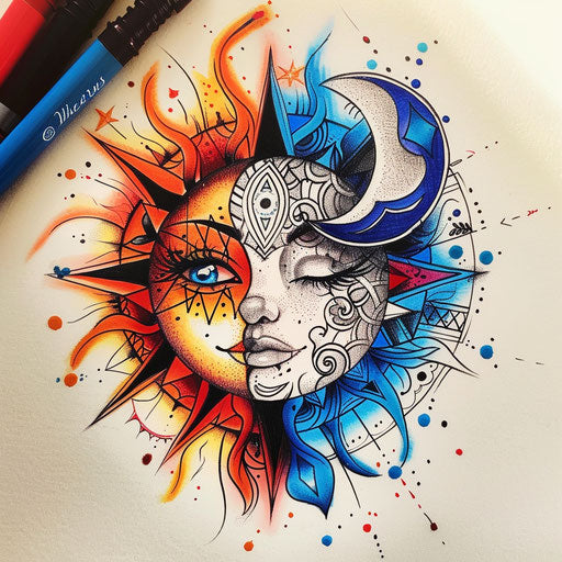 Bohemian tattoo sketch of a sun and moon with tribal patterns, vibrant tribal colors