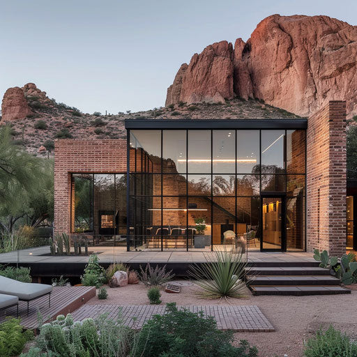 Old red brick house with mountain and modern guest house