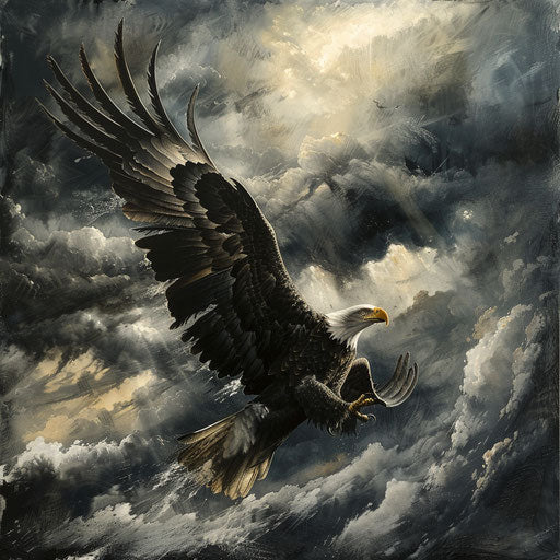 Bald eagle battling strong winds on stormy day
