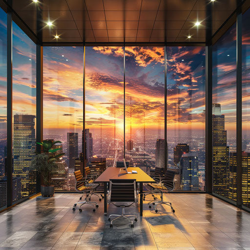 High-rise office with panoramic city views at sunset