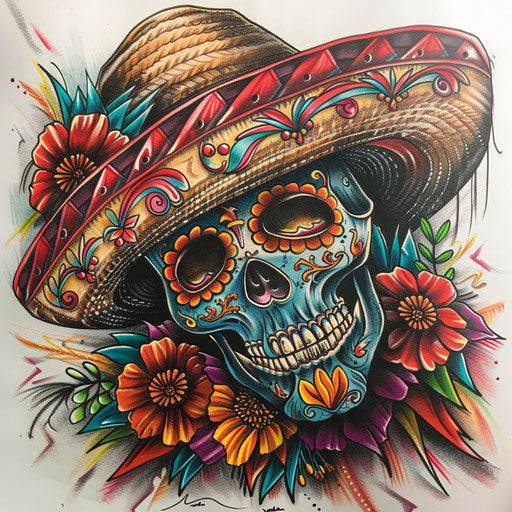 Sketch of a Chicano art calavera with sombrero