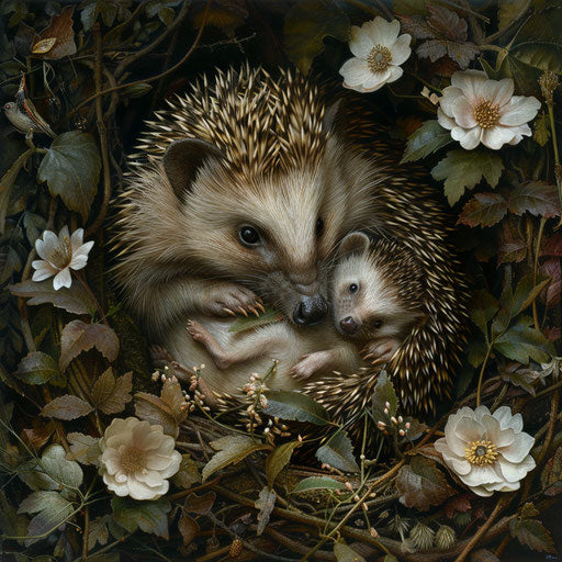 An intimate moment of a mother hedgehog caring for her young in the safety of a hedgerow