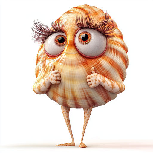 Humorous caricature of a seashell with human characteristics