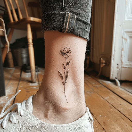Simple tattoo of a minimalist flower on the ankle