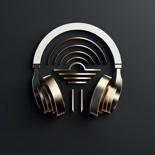 White and gold audio logo on dark background