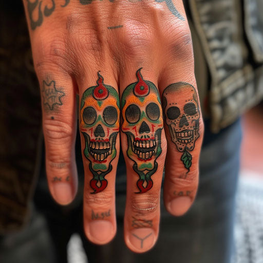 Finger tattoo of traditional skulls and flames