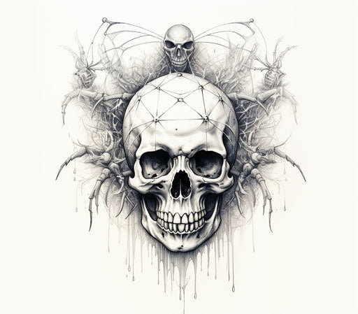 Spider and skull drawn on white background, tattoo style, wiccan